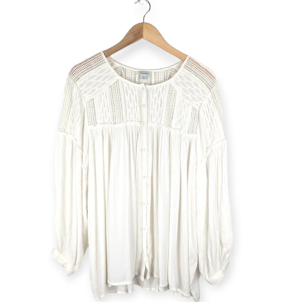 Sundance White Gauzy Crochet Accent Long Sleeve Button Down Blouse Size XL
